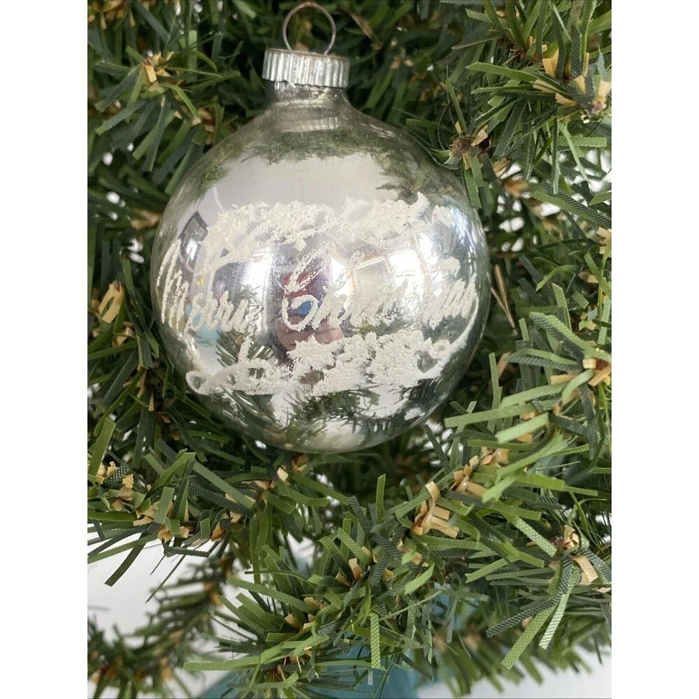 Vintage Shiny Brite Silver MERRY CHRISTMAS Mica Stenciled Ball Ornament Holiday